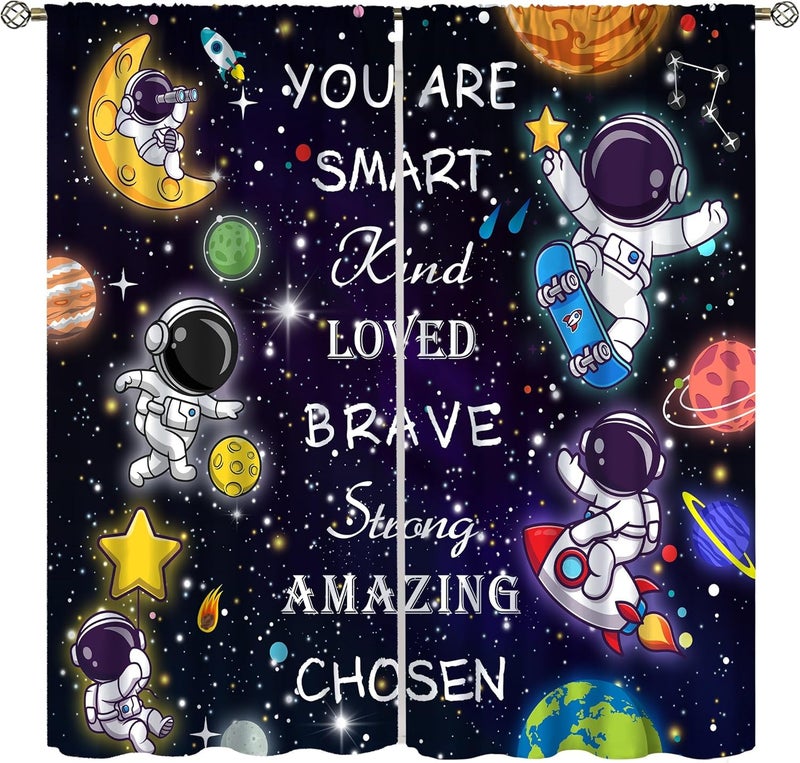 AAVEUP Space Astronaut Blackout Curtains for Kids,Cartoon Universe Galaxy Space Planet Astronaut Inspirational Quotes Learning Window Treatments for Boys Nursery Bedroom Living Room 42x54in - Image 1